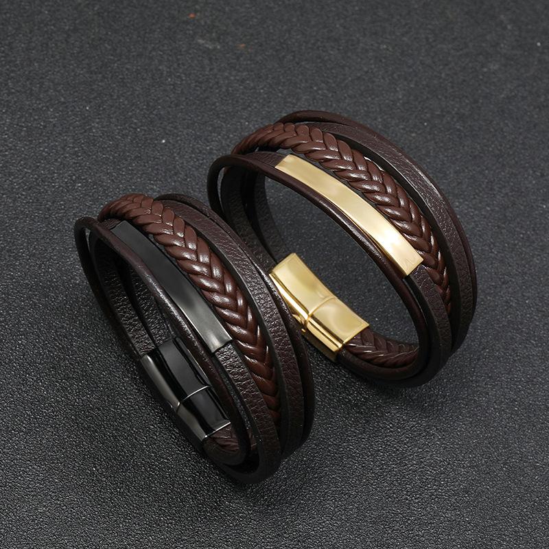Simple and versatile creative men's leather bracelet - student jewelry stainless steel leather bangle