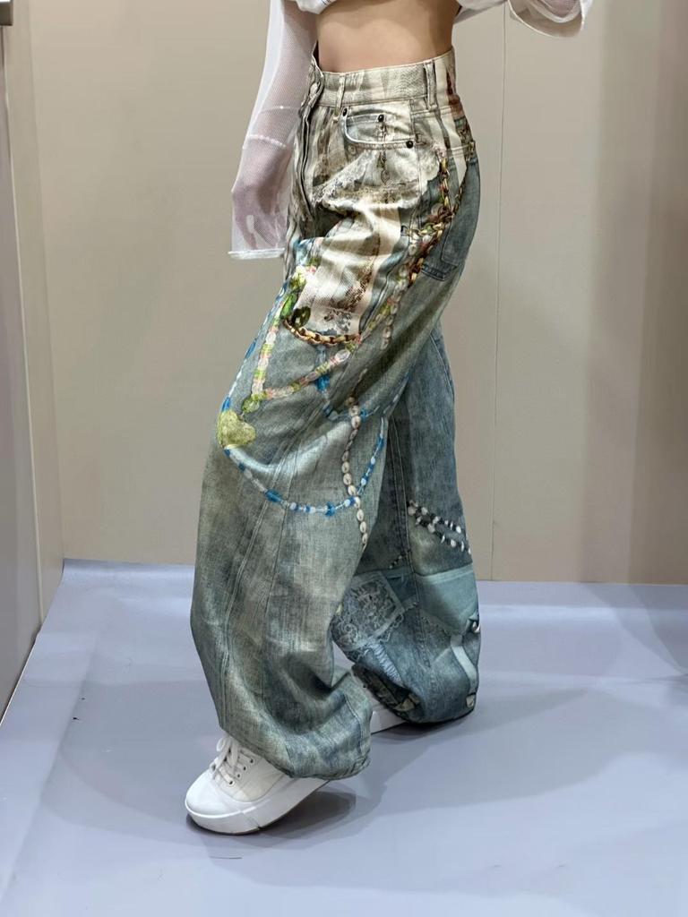 Lace Print Retro Wide-Leg Jeans
