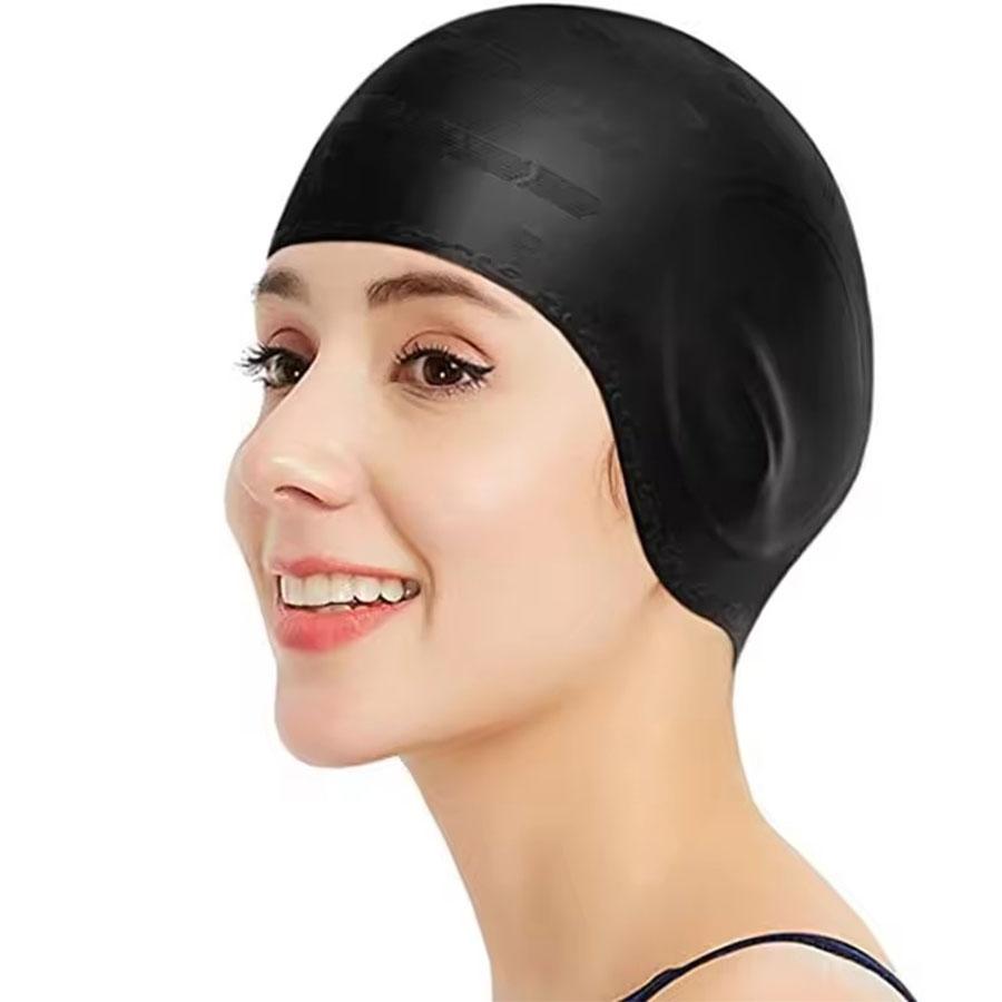 

DEZITION Durable Silicone Swimming Cap with Ear Pockets for Adults and Teens - Protects Long Hair and Provides High Elasticity 22X23cm чёрный