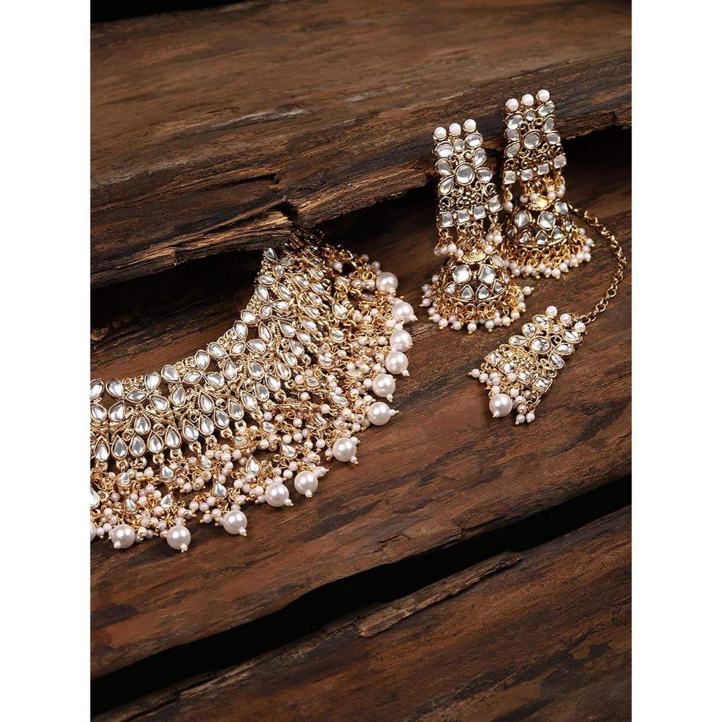 Tone Kundan & Pearls Bridal Choker Necklace Set For Women