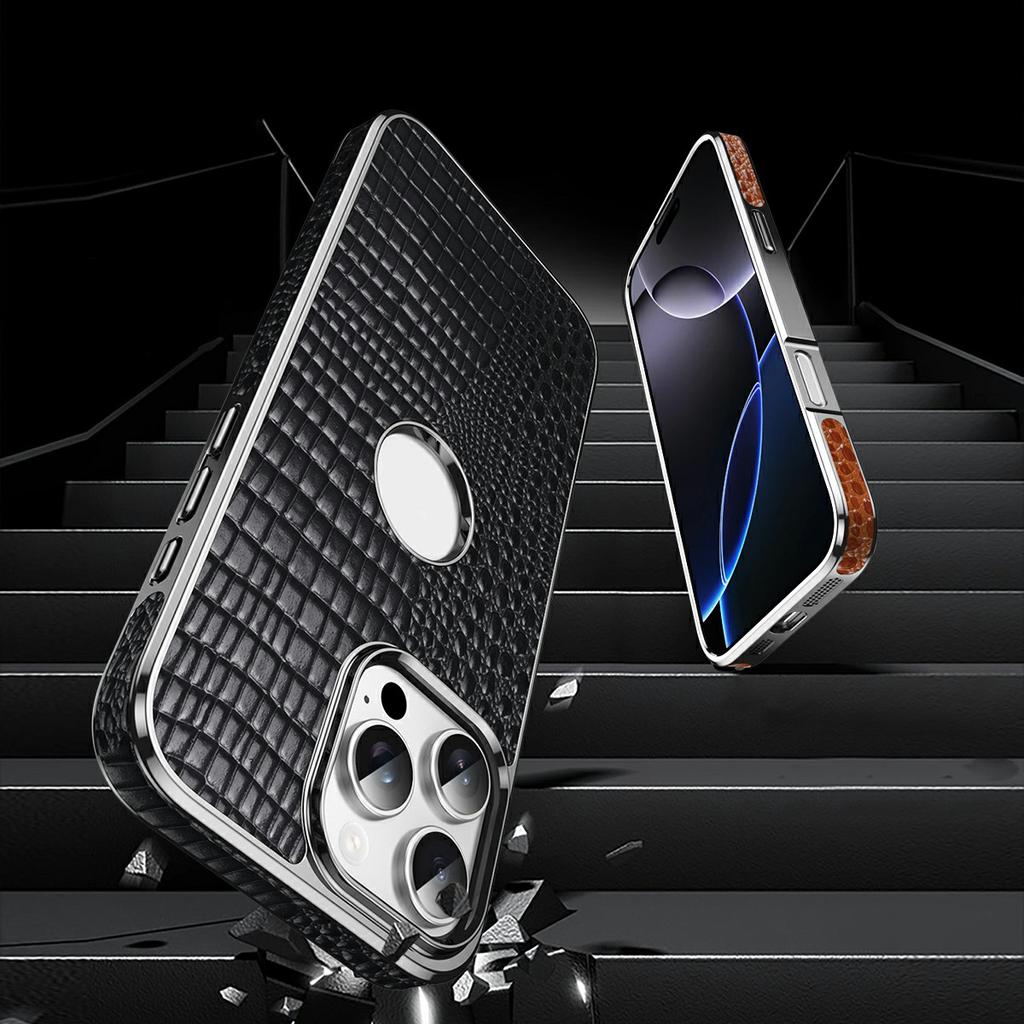 Für iPhone 16 Pro Magnetische Hülle Echtes Rindsleder Hybrid Handyhülle Krokodiltextur Galvanisiert