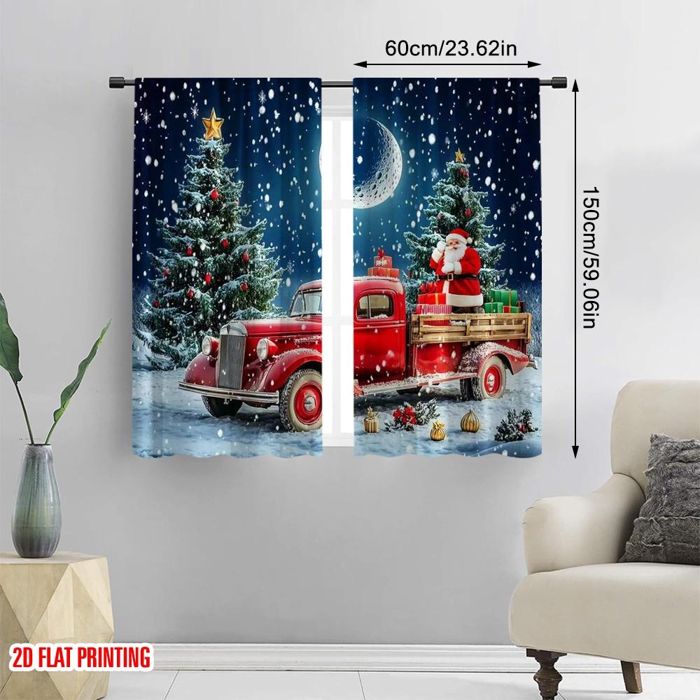 Set Of 2 Flat Printing Dark Blue Sky Christmas Snow Scenery Curtains Santa Claus Tree Bedroom Bathroom Living Curtain Polyester Perfect For Sleeping