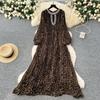 High-end Elegant Dress Women's European and American Fashion Nail Drill Hollow Round Neck Long Sleeve Loose and Thin Leopard Print Pleated Dress