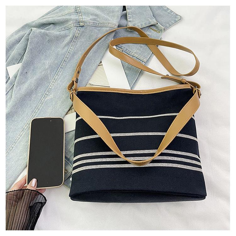 

JIAERDI Retro Stripe Navy Blue Tote Bag Women Canvas Large Capacity Shoulder Bag Ladies Daily Simple Commute Handheld Bucket Bag 24x26x14cm