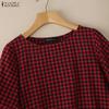 ZANZEA Women Casual Round Neck Plaid Print Loose Short Sleeve Blouse