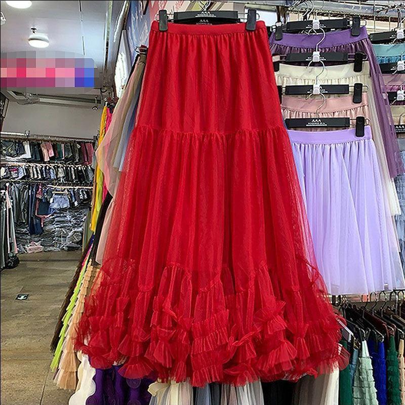

Autumn fungus edge splicing big swing tutu skirt high waist a word cake skirt mesh skirt one size fits all червоний