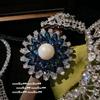 Lace Honeycomb Sapphire Water Drop Necklace, Antique Plated 18K Gold, Royal Blue Engraved Zircon Earrings, Brooch