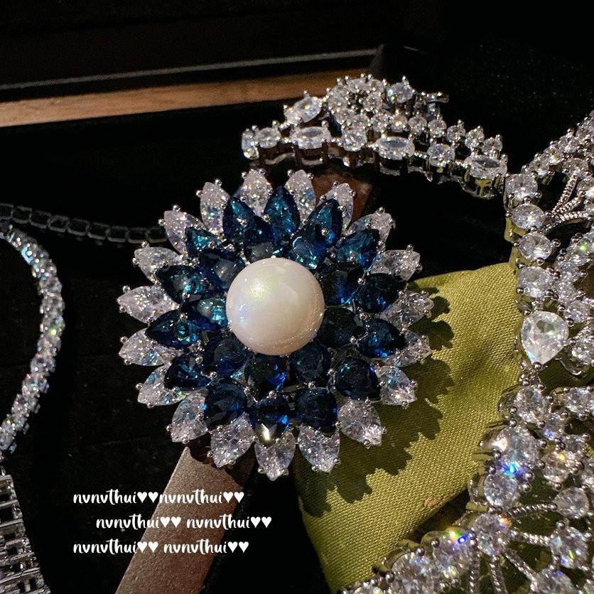 Lace Honeycomb Sapphire Water Drop Necklace, Antique Plated 18K Gold, Royal Blue Engraved Zircon Earrings, Brooch