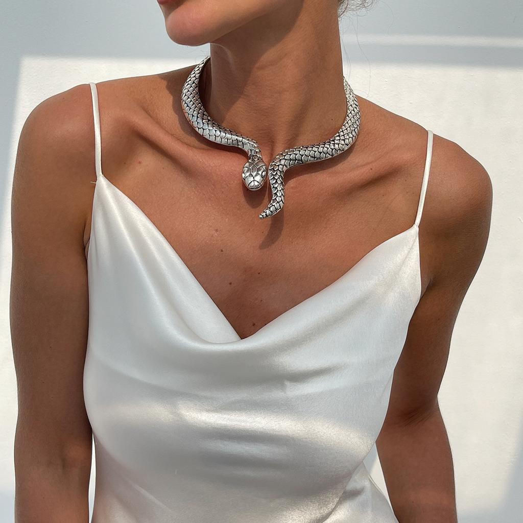 Exaggerated Silver Snake Alloy Collar Punk Style Winding Choker Necklace Retro Fashion Personality Spring Style Collar for Women