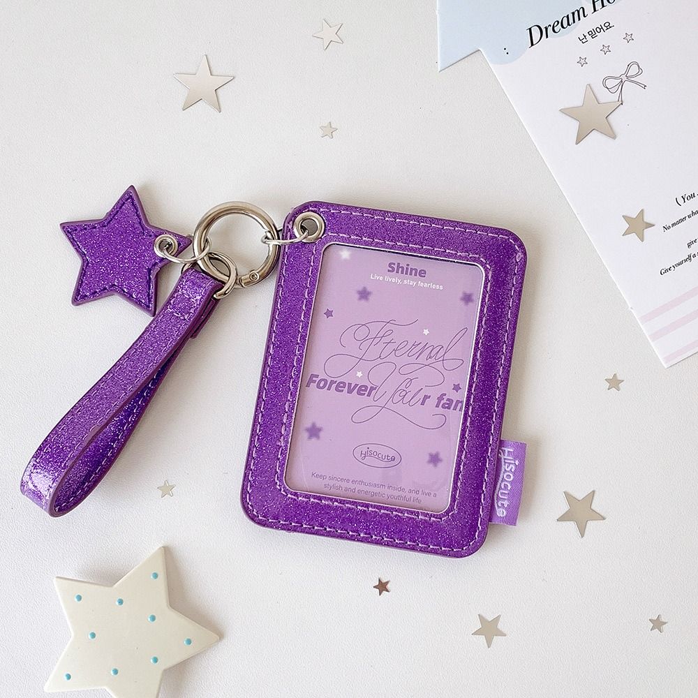 Shiny Star Charm Photocard Case Glitter PU Keychain Bag Pendant Stationery Supplies