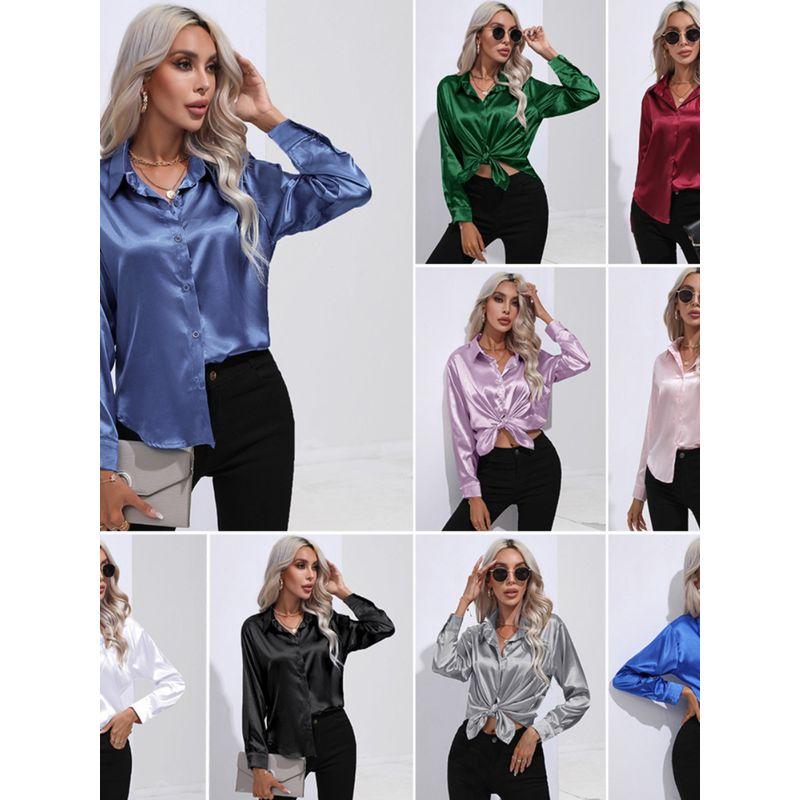 

Satin Shirt Satin Artificial Silk Long Sleeves Shirt Spring, Autumn and Winter New Fashion Style Street Fashion Cross-Border Women s Clothing Dark brown L