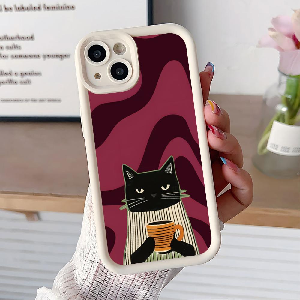 Cute Coffee Cat Thicken TPU Mobile Phone Case for iPhone 17 16 15 14 13 12 11 Air Pro Max Plus Colorful Cover