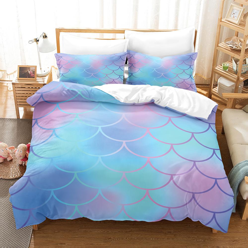 Laser Gradual Change Fish Scale 3D Digital Printing Three-Piece Quilt Cover Pillowcase Home Textile Bed Sheet Kit