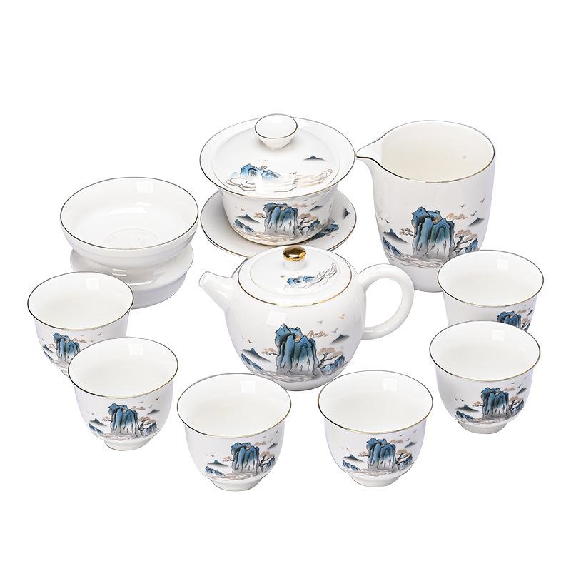Qianli Jiangshan Suet Jade White Porcelain Kung Fu Tea Set Household Light Luxury High-end Ceramic Cover Bowl Teacup 2023