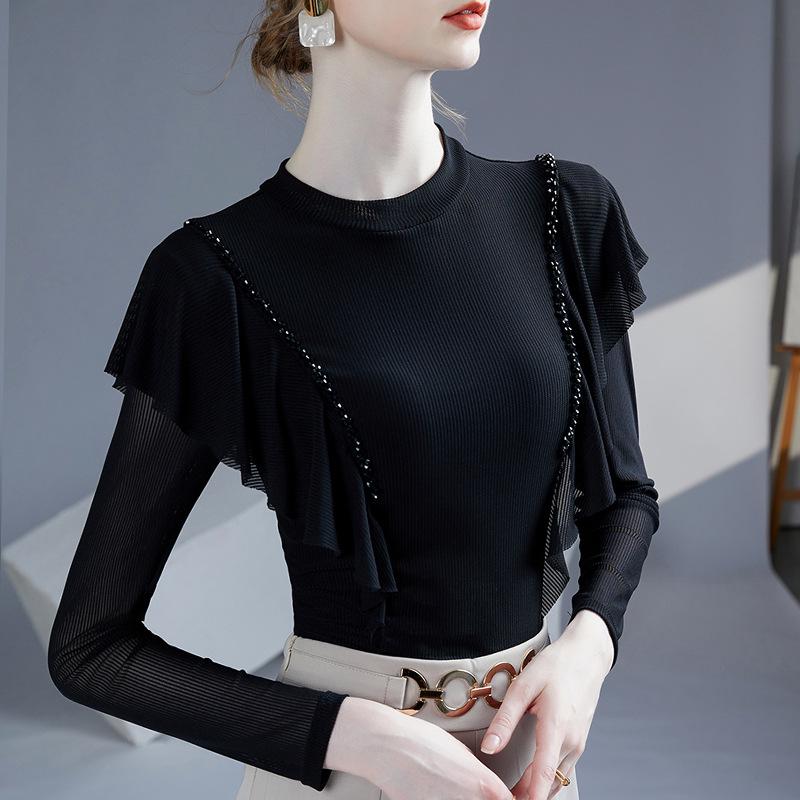 

Весна 2025 Топ для танцев женский с длинным рукавом из сетки с бисером и оборками M чёрный