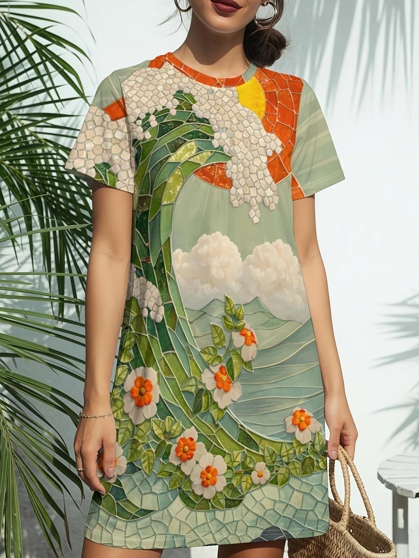 

Women s Dinosaur Print T-Shirt Dress - Short Sleeve Round Neck Casual Dress with ; Dinosaur Patterns. Spring Summer Outfits Suitable for Daily Wear. B S дубильная кора