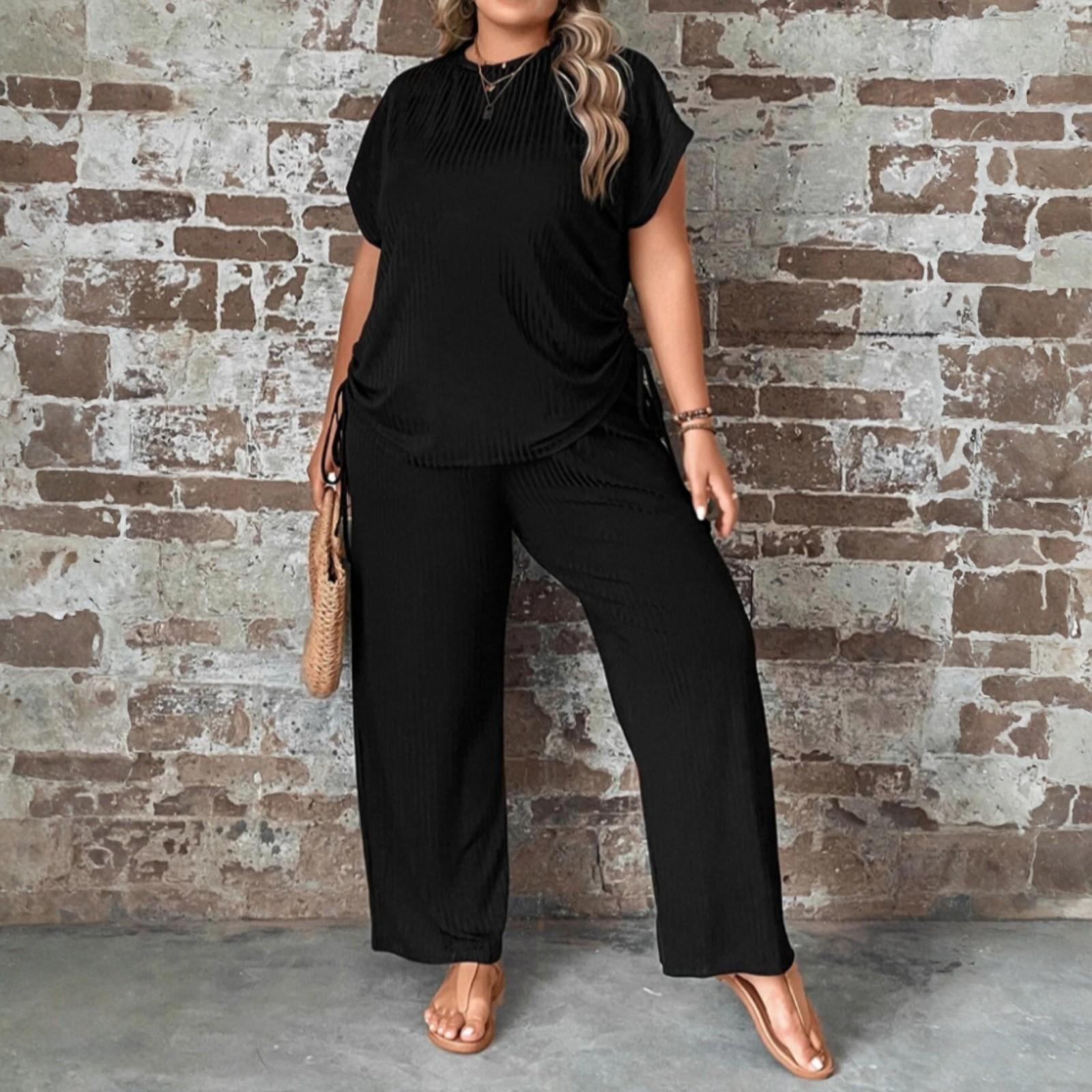 

Женский комплект большого размера Свободный Удобный Повседневный Модный С круглым вырезом Однотонный Двойка XXL чёрный