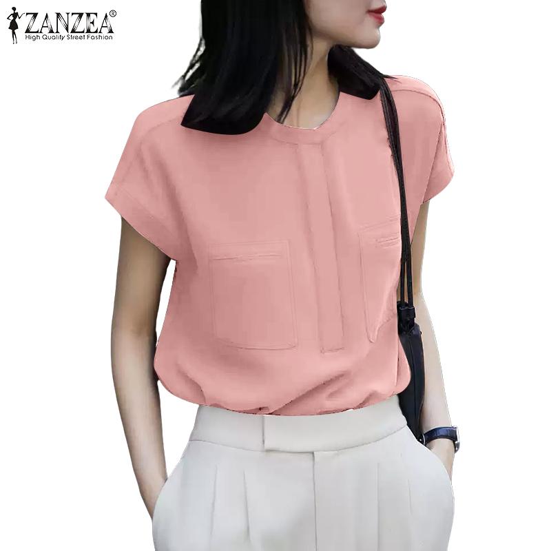 ZANZEA Women Summer Round Neck Loose Casual Short Sleeve Blouse