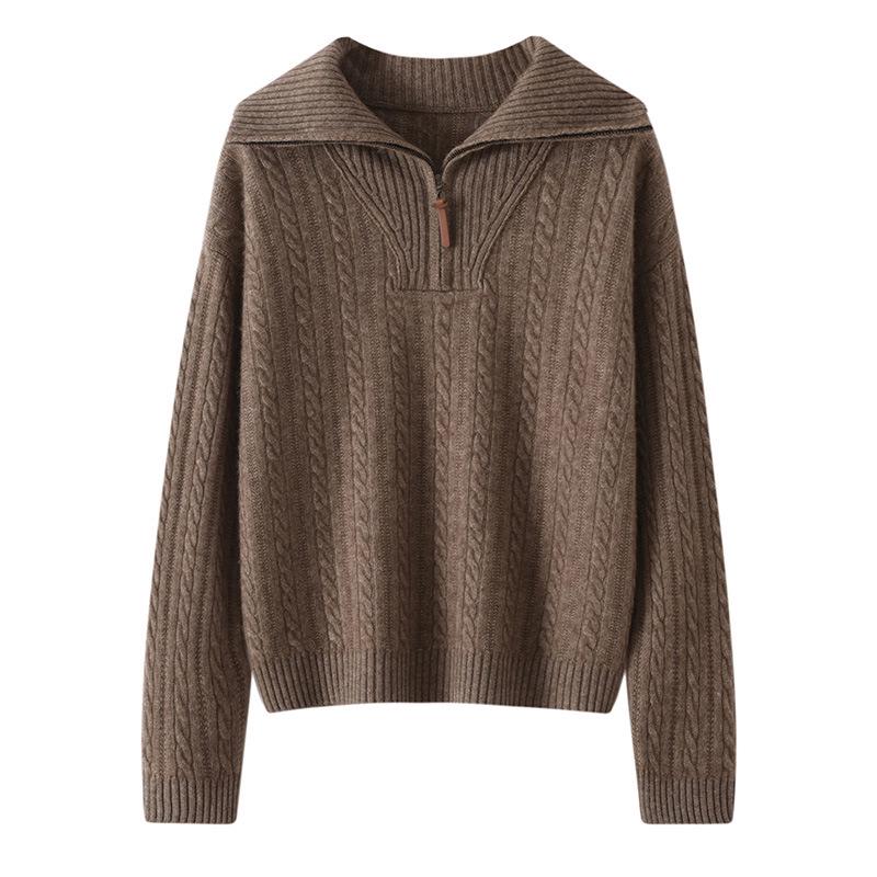 Women's Half-Zip Lapel Cable Knit Cashmere Sweater - Autumn/Winter 2026, Thick & Loose Fit.