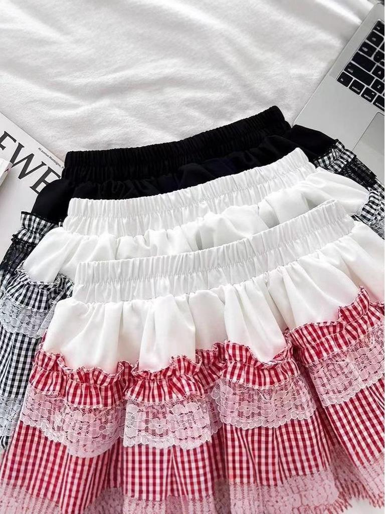 Petite Lace Patchwork Plaid Puff A-line Mini Skirt for Spring/Summer