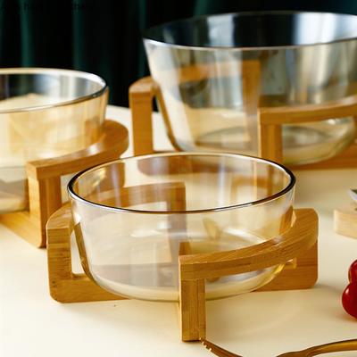 Glass Fruit Plate with Wooden Base Wooden Frame Round Transparent Glass Bowl Salad Bowl Cake Dessert Plate Candy Snacks Plates