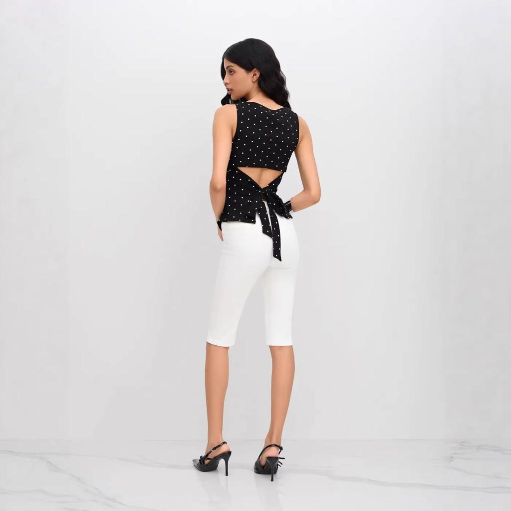 American Polka Dot Bottom Shirt Women's Summer Boat Collar Retro Pleated Waist Skinny Vest Sexy Spice Sleeveless Top