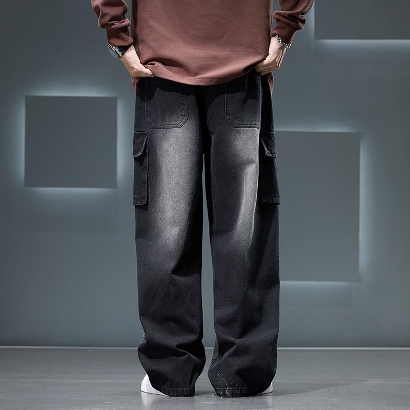 Men Autumn Wide Leg Washing Jean Pants Men Trousers Neutral Solid Color Loose Casual Fashion Pocket Cargo Pants Big Size