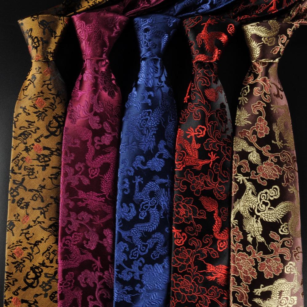 Adjustable Chinese Dragon Pattern Tie Calligraphy Men Necktie Jacquard Silk Tie Suit Accessories