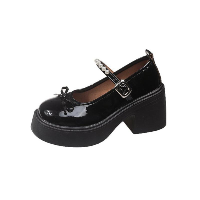 Pearl Belt Platform Mary Jane Shoes Autumn New Bow Thick Heel Single Shoes Women's Versatile Casual Women's Shoes