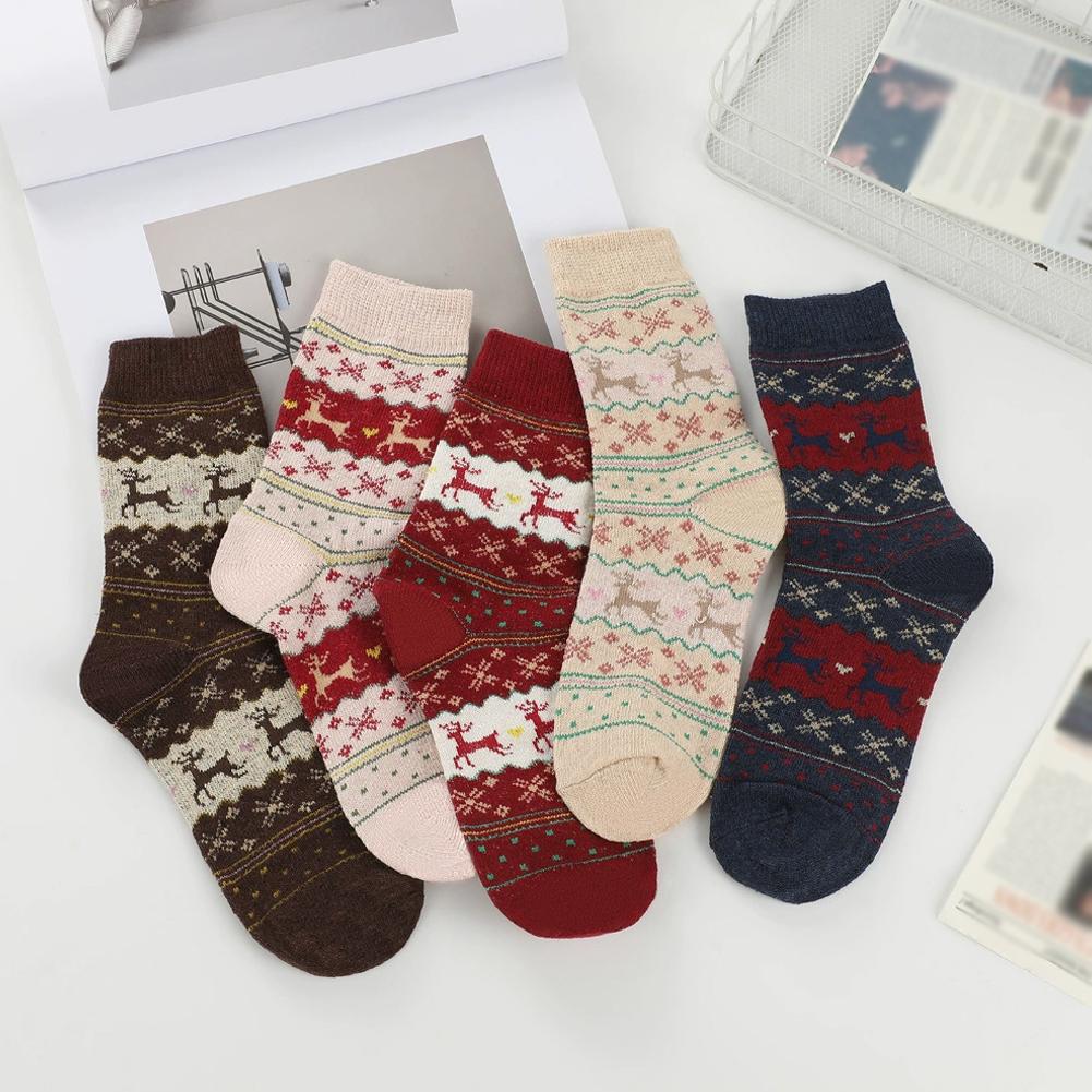 5 Paar Niedliche Rentier Schneeflockenmuster Damen Mid-Tube Socken für Weihnachten Winter Dick und Warm Hausbodensocken
