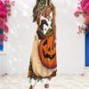 Women Plus Size V Neck Strappy Sleeveless A Line Long Halloween Pumpkin Printed Dress
