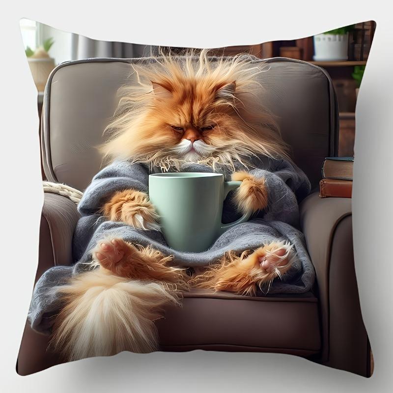 Cute Cat Printed Pillow Covers Zipper Closure, Single-Sided Design, Contemporary Style for Living Room (Without Pillow Core )