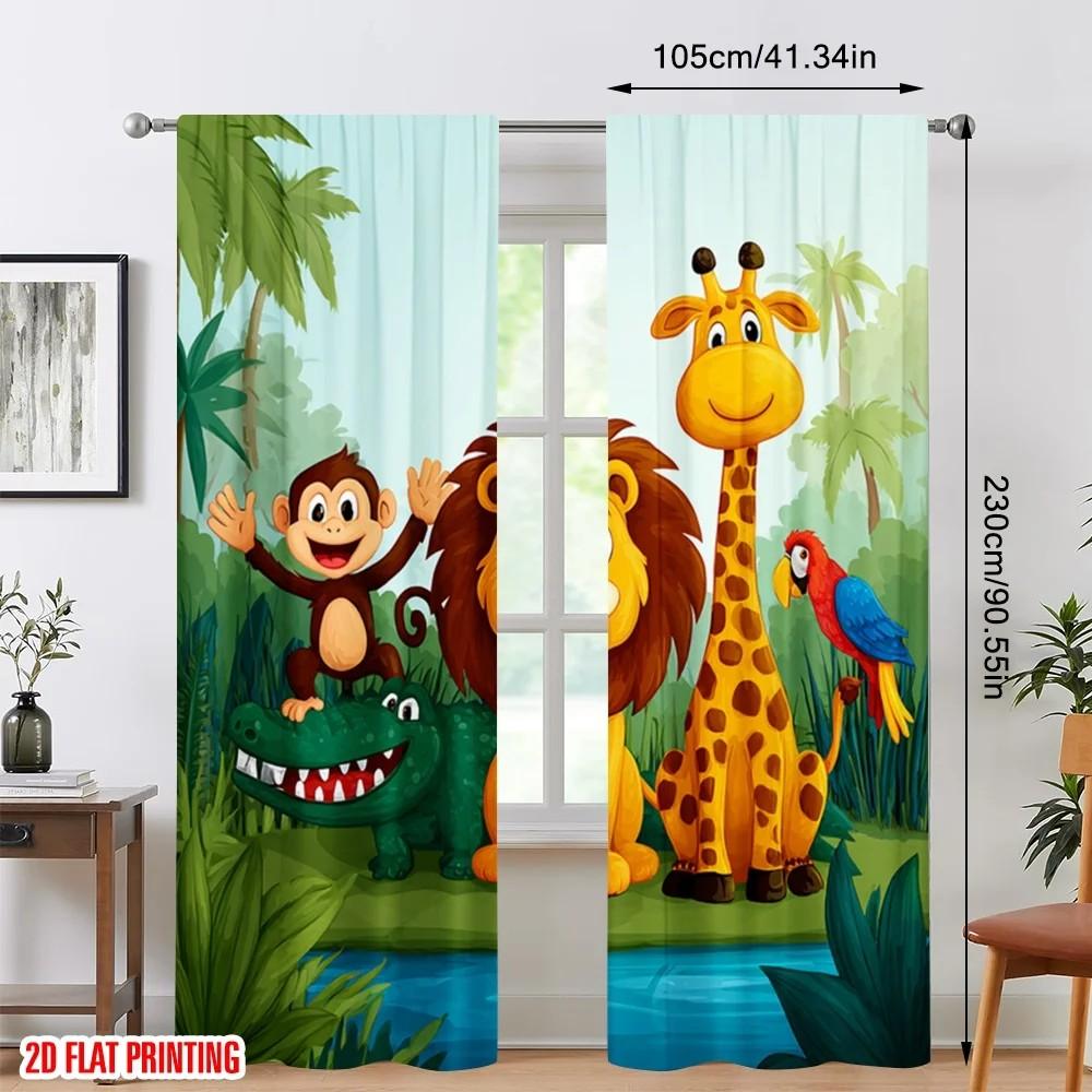 2pcs Animal Printed Curtains   Cartoon Design   Rod Pocket   Polyester   Window Decor for Kids Room   Playroom   Nursery Decor