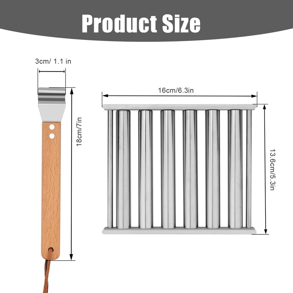 Stainless Steel Hot Dog Roller for Grill + Metal Spatula with Long Wooden Handle, BBQ Hot Dog Rack for Griddle 6 Rollers for Holding 5 Hot Dogs -