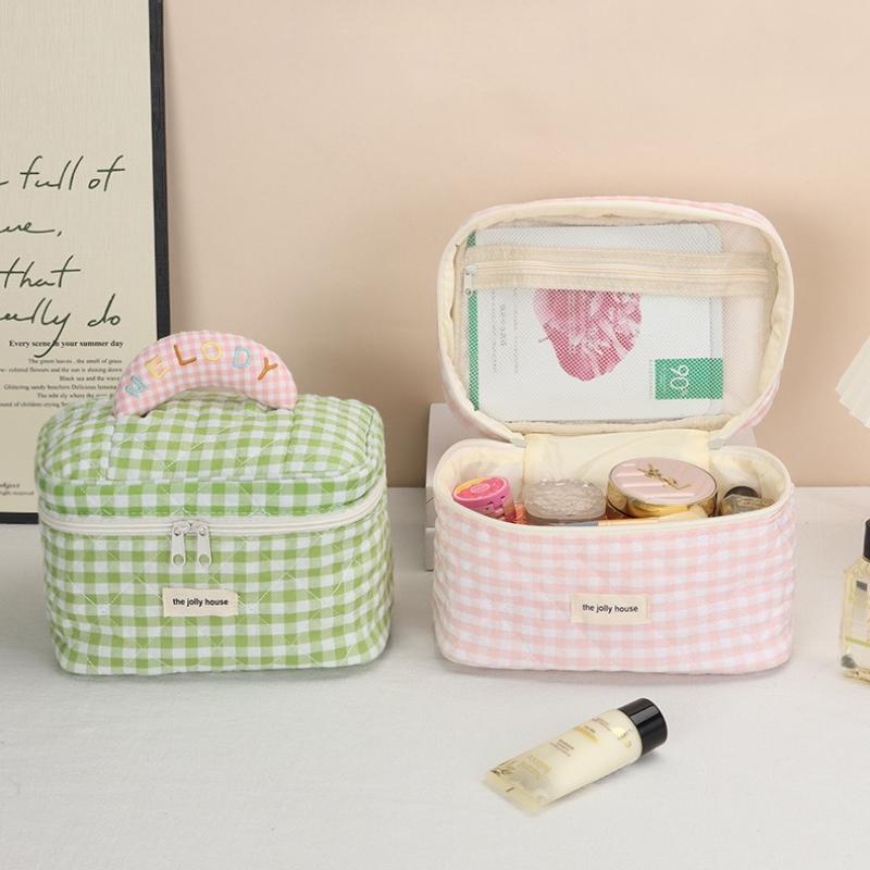 1pc Cute Color Contrast Check Delicate Bucket Makeup Bag for Ladies Outdoor Travel