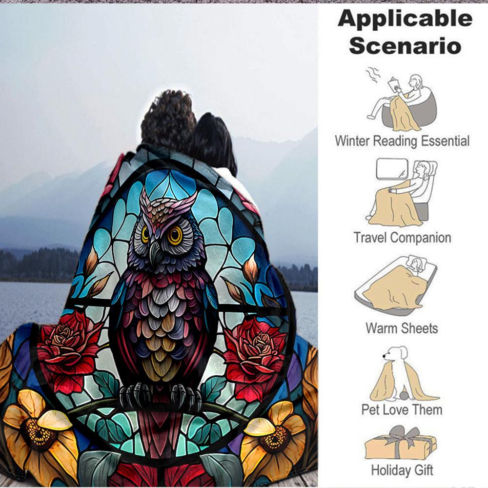 1pc Stained Glass Owl Lightweight Flannel Blanket, Comfortable and Warm Blanket, for Office and Camping Sofa Bed, Livingroom058