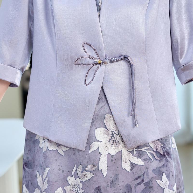 Set Elegant de Vară din Două Piese pentru Femei Mature - Palton și Rochie de Inspirație Tradițională Chineză