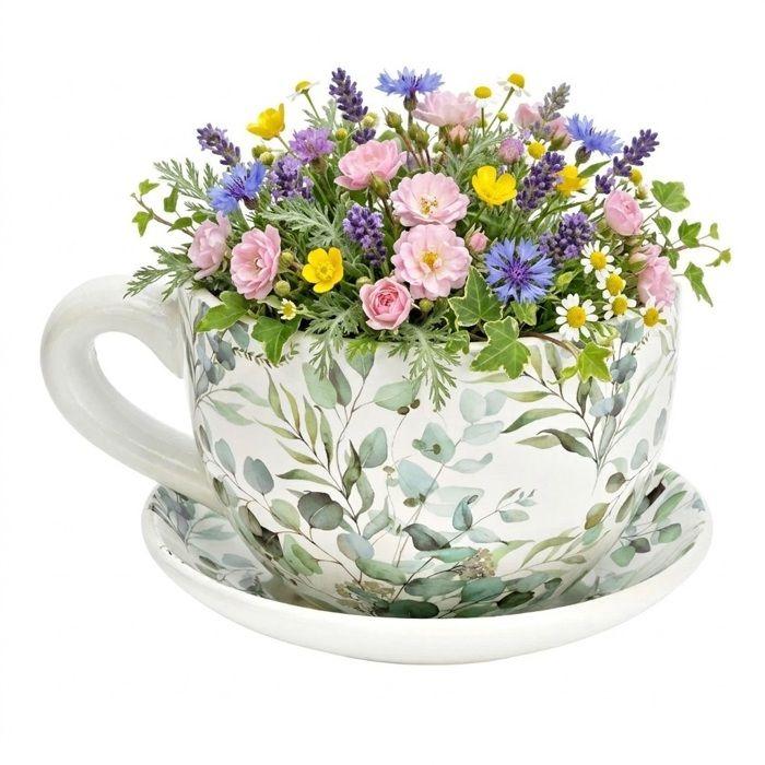 Vase tasse - EDEN - feuilles d'eucalyptus - céramique - motif botanique vert - 26x23x14 cm