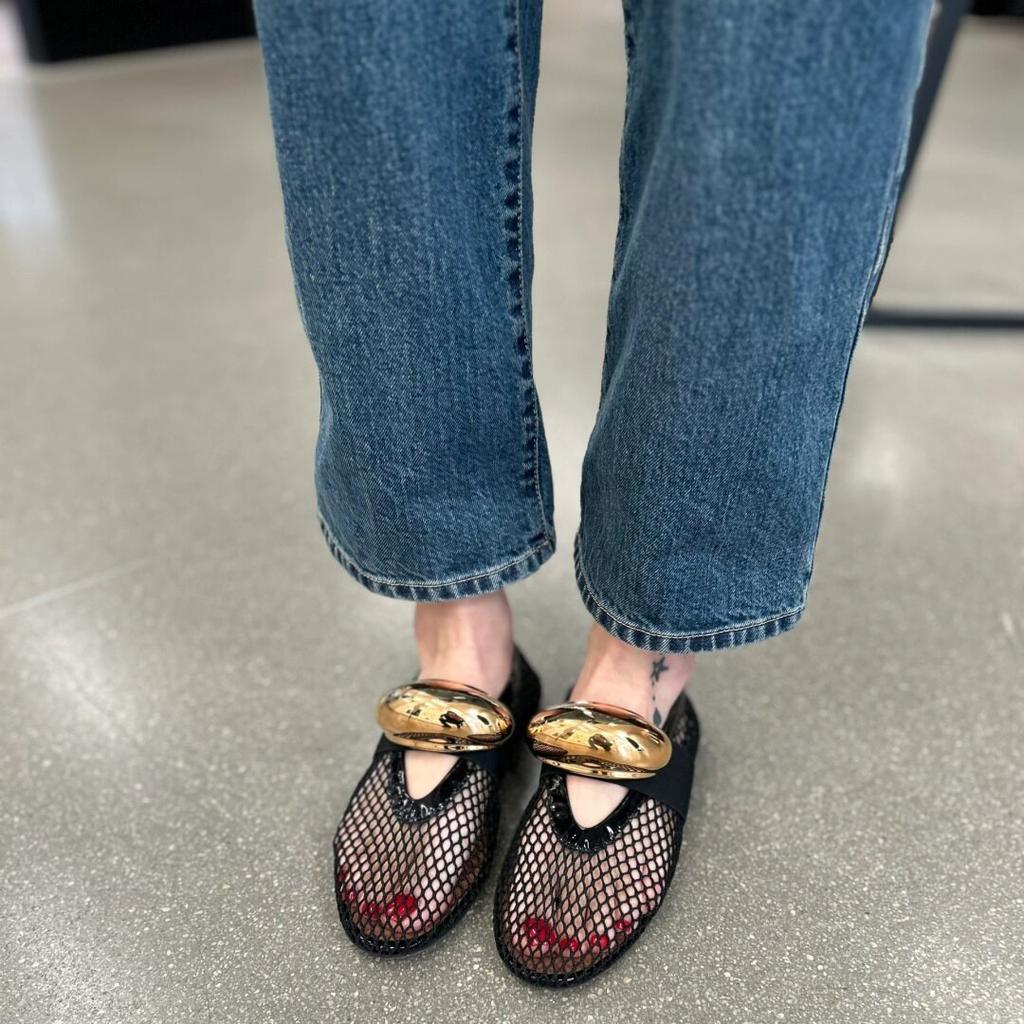 Sheepskin Small Gold Buckle Leather Soft Sole Mesh Sandals Women's Hole Shoes Breathable Hollow Roman Shoes Mary Jane Single Shoes