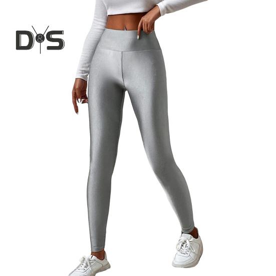 

Высокоэластичные женские леггинсы облегающего кроя, однотонные, глянцевые, с высокой талией, штаны для йоги, весна-осень, активная одежда S серебряный серый