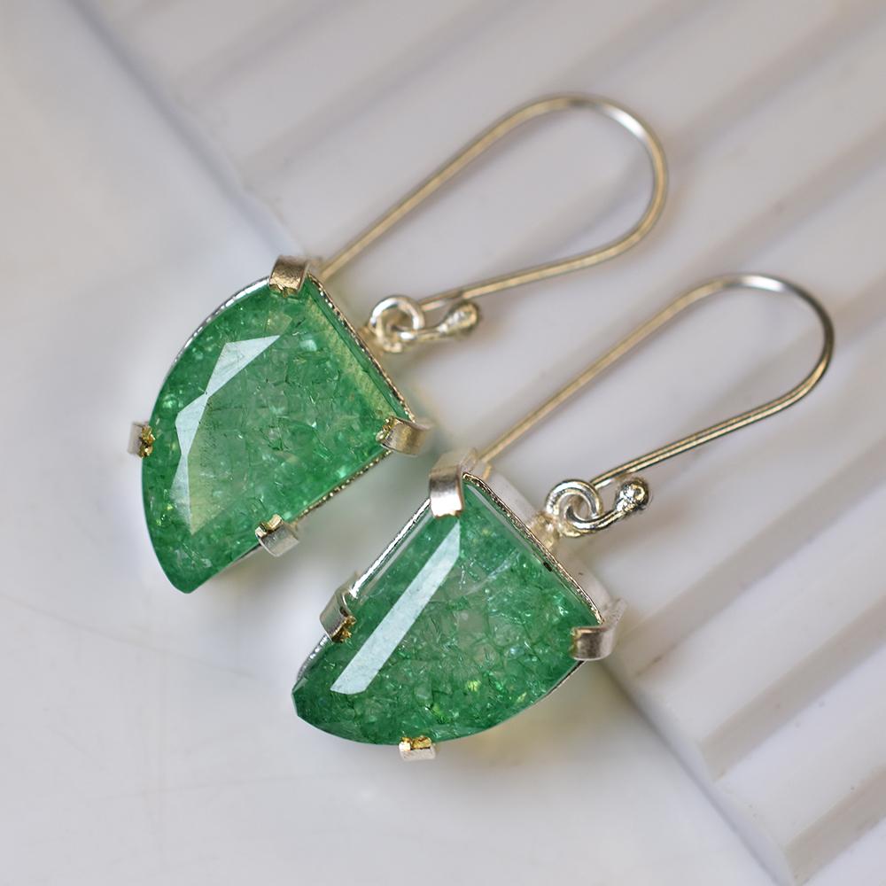 A+ CERTIFIED 925 Sterling Silver 57 Ct Natural Green Emerald Stone Fancy Earring MY.ER-41-NS