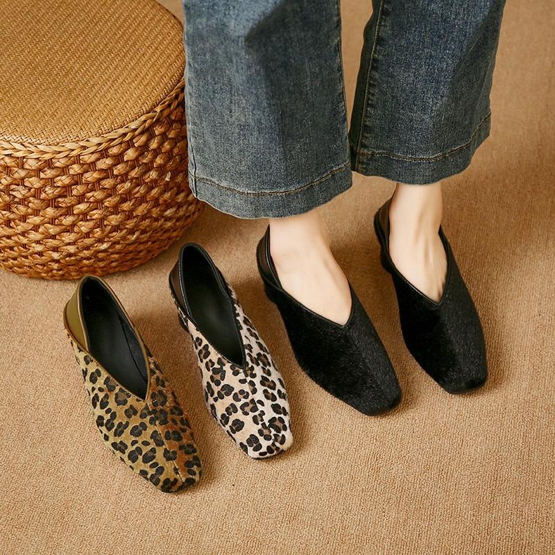 Luxury Horse Hair Leopard Print Loafers Woman Elegant Point Toe Horseshoe Pumps Ladies Brand Design Evening  Velvet Heel Shoes