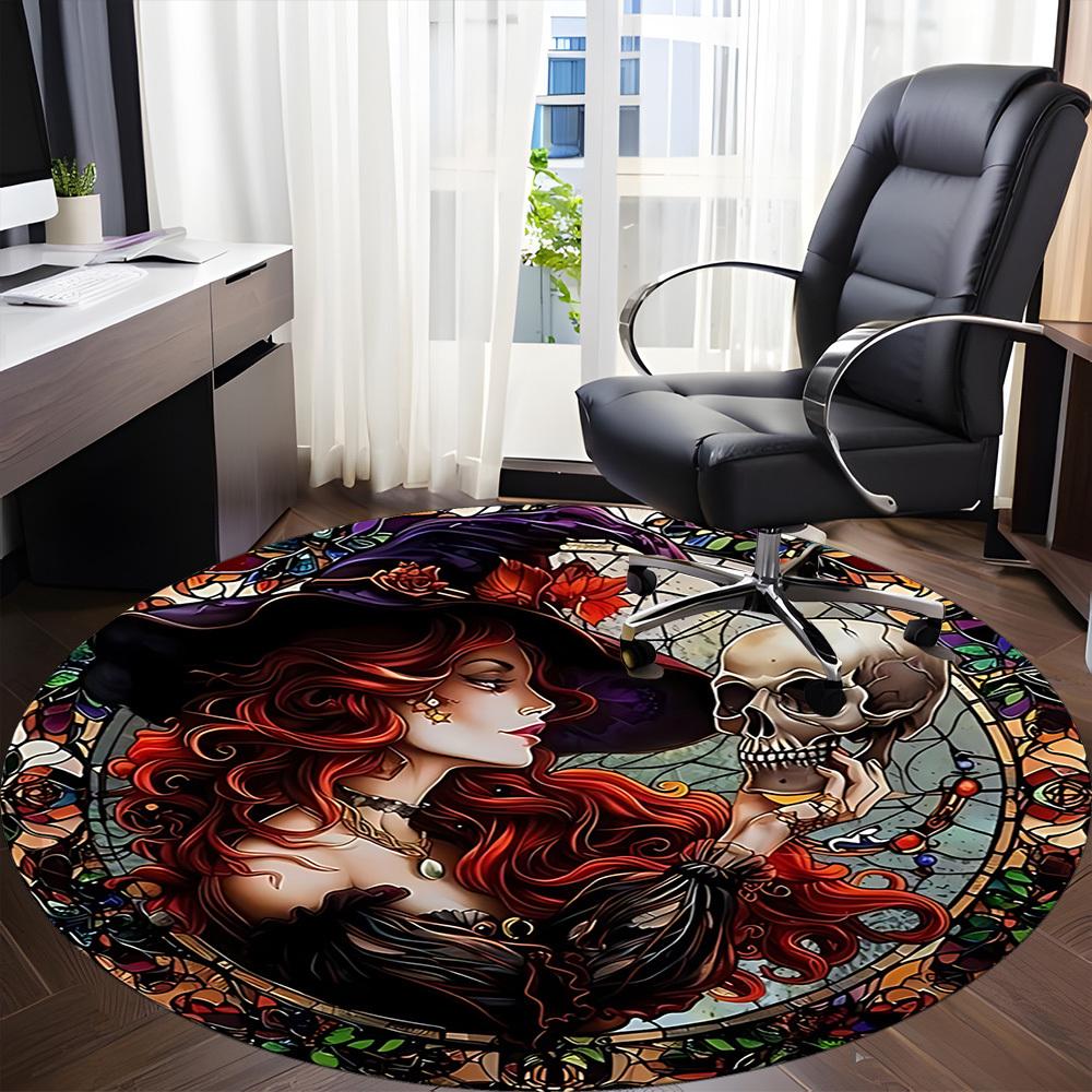 1PC Witch Skull Office Round Area Rug, Mat Suitable For Office, Under Office Chairs Bedroom Living Room Home Decor, Room Deco