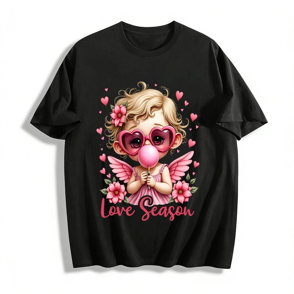 

Love Season Valentine s Day Angel Print Bubble Gum Heart Sunglasses Top Pure cotton T-shirt XXS