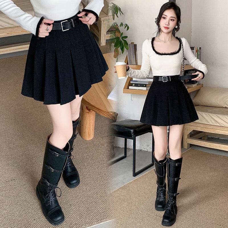 

2025 Autumn/Winter High-Waist Wool A-Line Skirt Pants - Anti-Exposure Pleated for Women Small чёрный