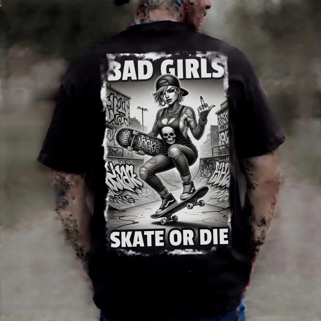 Bad Girls Skate Or Die Black Graphic T-Shirt Skater Street Tattoo Tee XXL