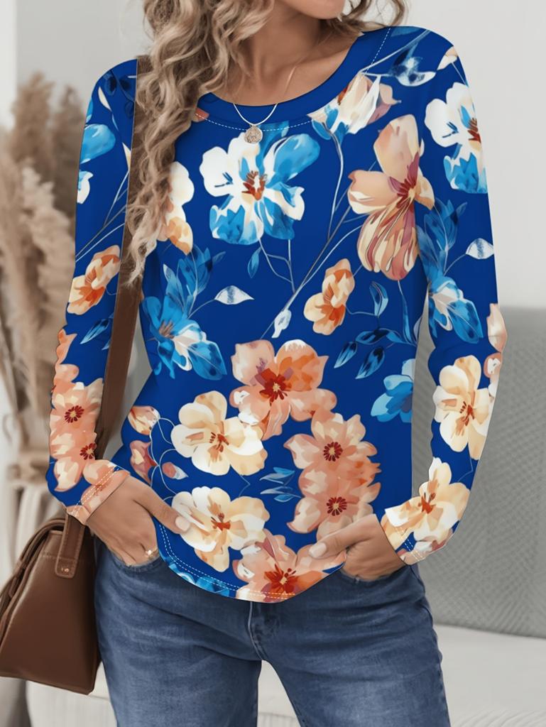 Vintage Floral 3D Print Women's Crew Neck Long Sleeve T-Shirts Comfortable Fashion Tops Tee Y2k Clothes Harajuku Female Clothing