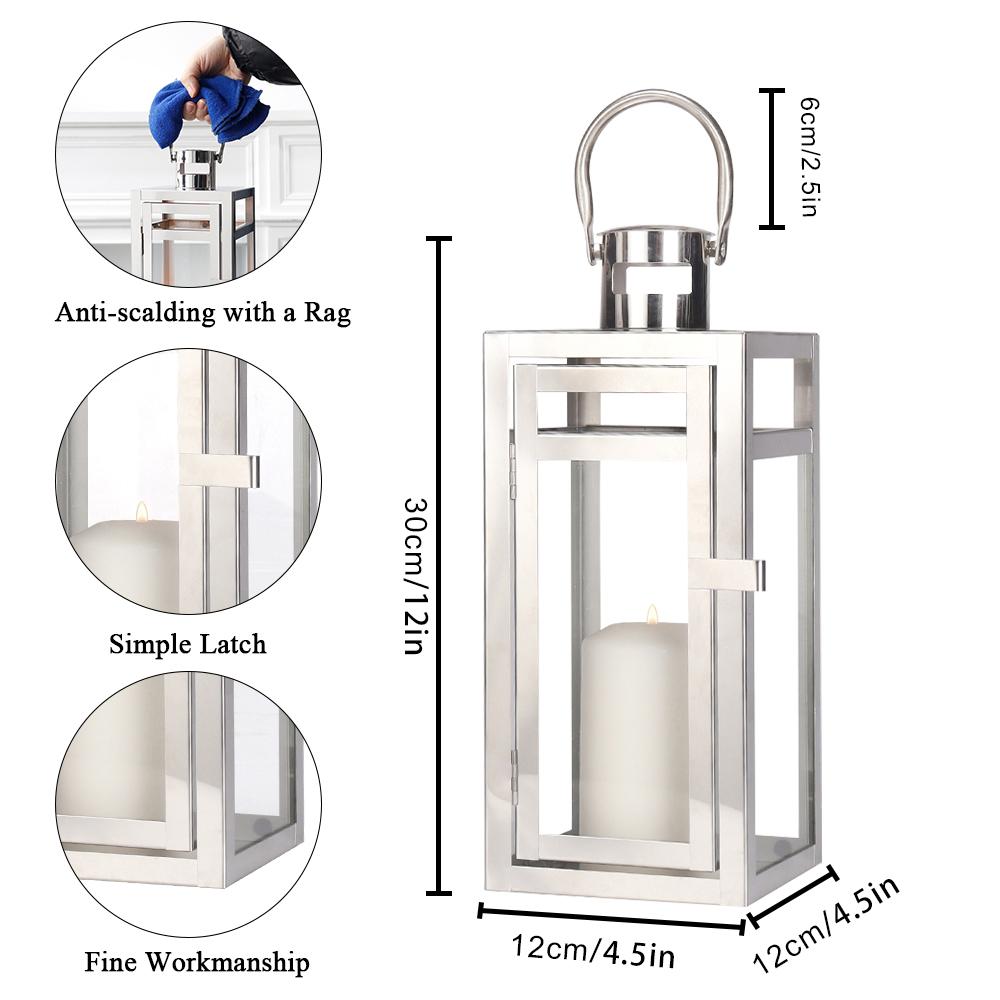 Silver Stainless Lanterns Hanging Candle Lantern Metal Candleholder with Tempered Glass for Home Wedding Decor
