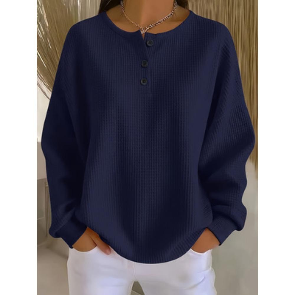 Plus Size Women Waffle Knit Long Sleeve Top, Solid Color Henley Neck Button Loose Pullover, Ladies Casual Daily