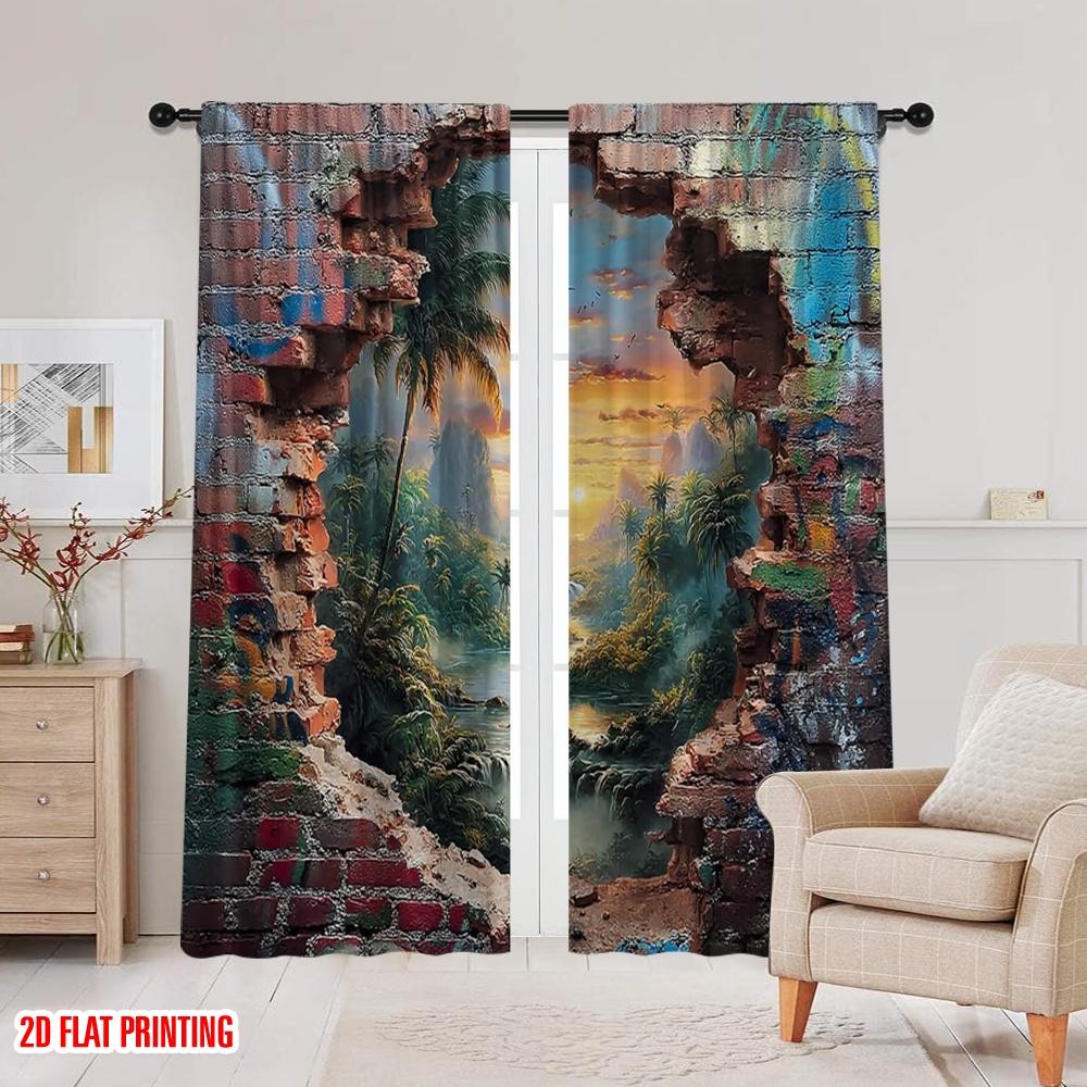 Set aus 2 flachen Druck-Partyvorhängen Tropischer Sonnenuntergang durch zerbrochene Ziegelmauer Digital bedruckte Polyester-Vorhänge Familiengefertigt